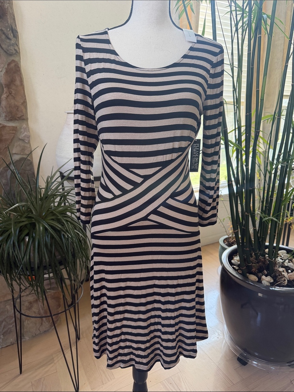 New York & Company Black and Cream Striped Long-Sleeve Dress